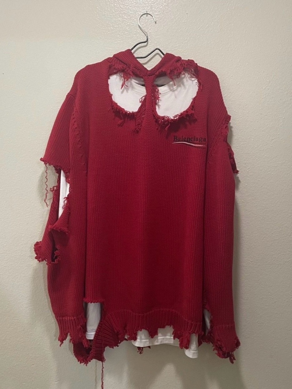 Balenciaga Distressed Red Crewneck Sweater with Chest Logo